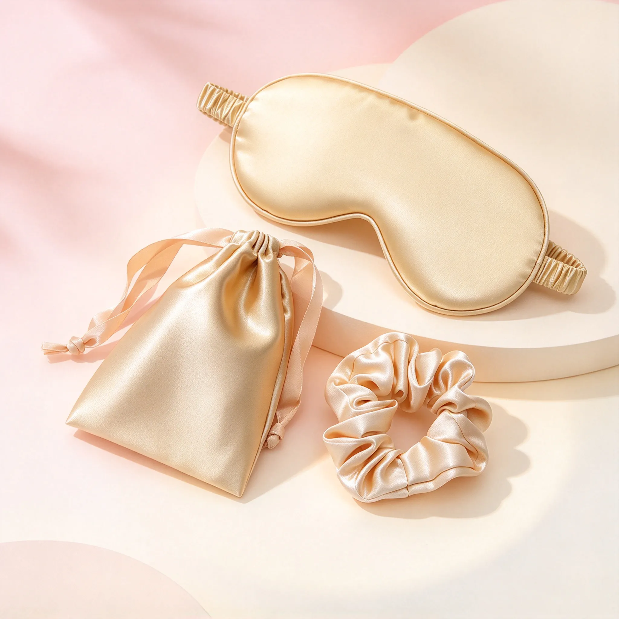 Solid color silk-like eye mask set 3-piece / eye mask + hair tie + storage bag / champagne gold