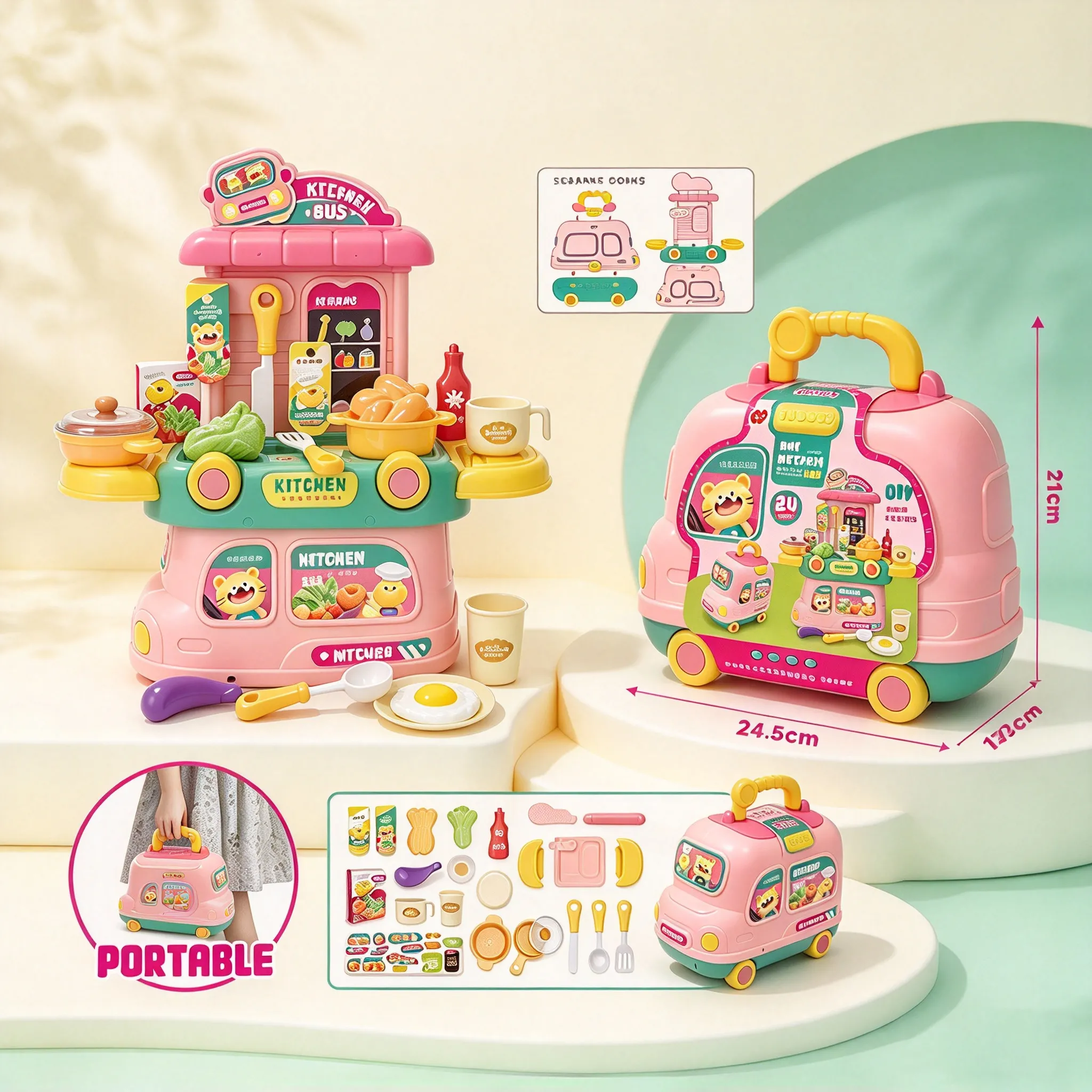 Children's Pretend Play Kitchen Set Bus Car