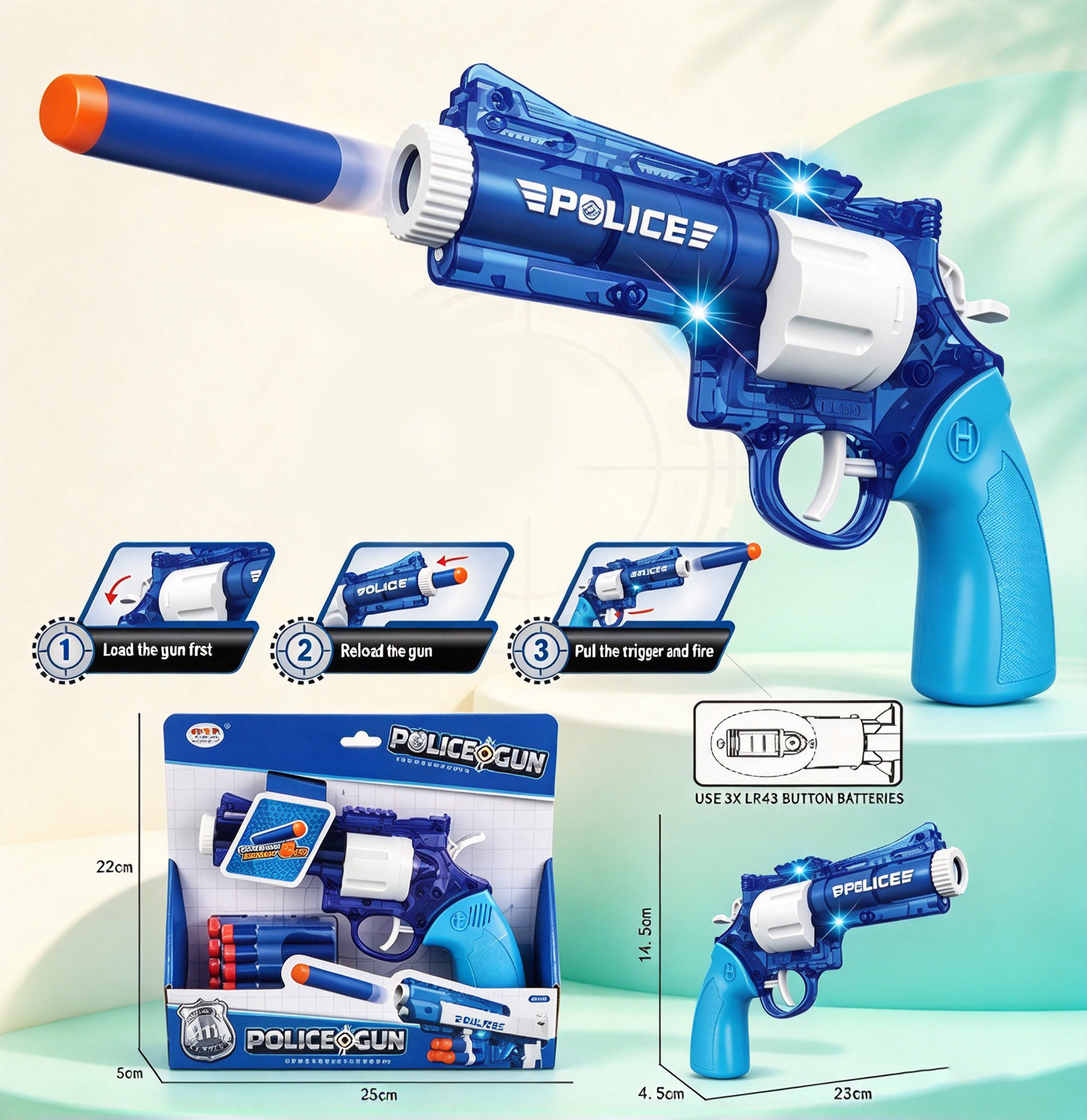 Manual Revolver Police Soft Bullet Gun with Light and Music
